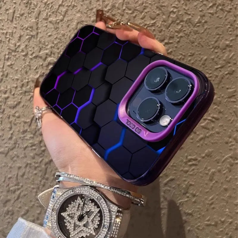 Frosted protective iPhone case with honeycomb square pattern in Moonlight Black, shown fitted on a phone.