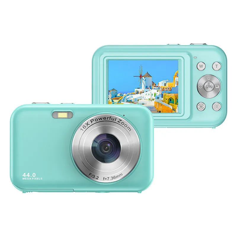 Children's digital camera with 2.4 inch screen in four colour options: black, green, pink, and purple
