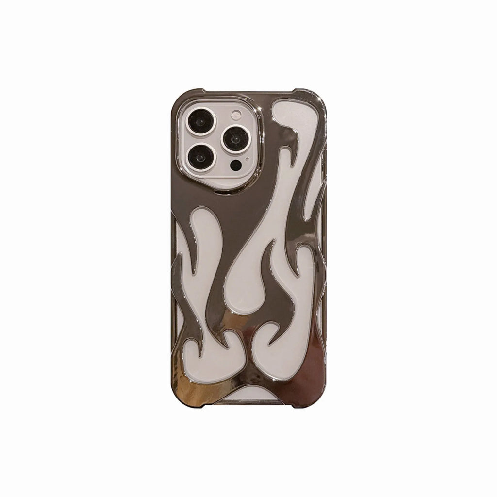 Apple iPhone case with hollow flame pattern and electroplated finish in silver, shown on a phone.