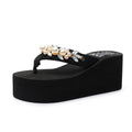 Women's casual high-heeled flip-flop sandals with a cotton cloth upper in beige colour.