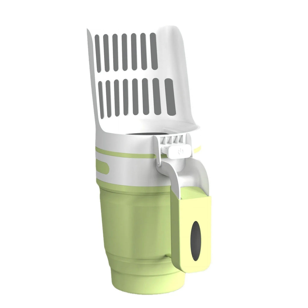 Foldable cat litter scoop with attached waste bin and lid in grey blue or green PP plastic