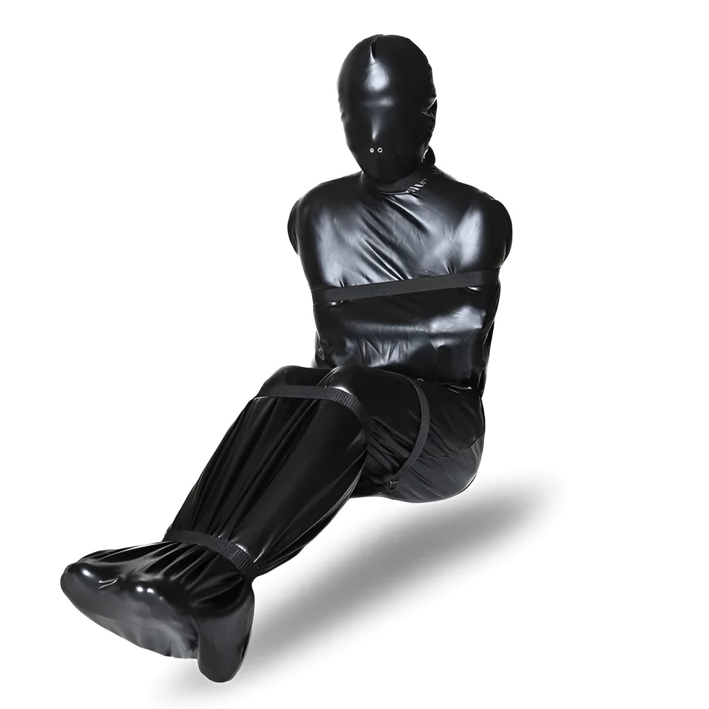 Black patent leather bondage set showing nostril clothing piece and six ratchet tie down straps