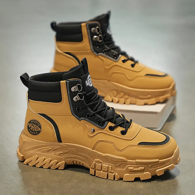 Men's black Martin boots with artificial PU upper and injection moulded sole, high-top design