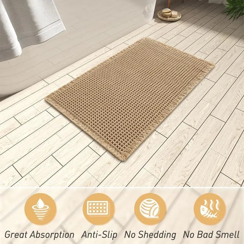Square checkered polyester bathroom carpet on a tiled floor in a light grey colour.