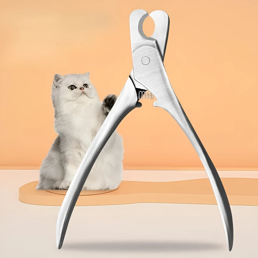 Silver stainless steel professional pet nail clipper with safety guard and finger grips.