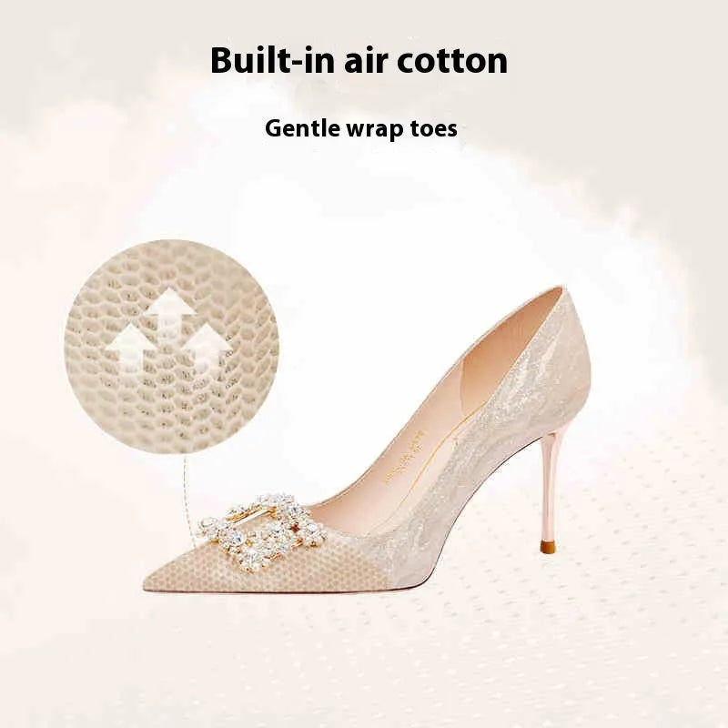 Champagne gold pointed toe high heels with stiletto heel and rhinestone decoration