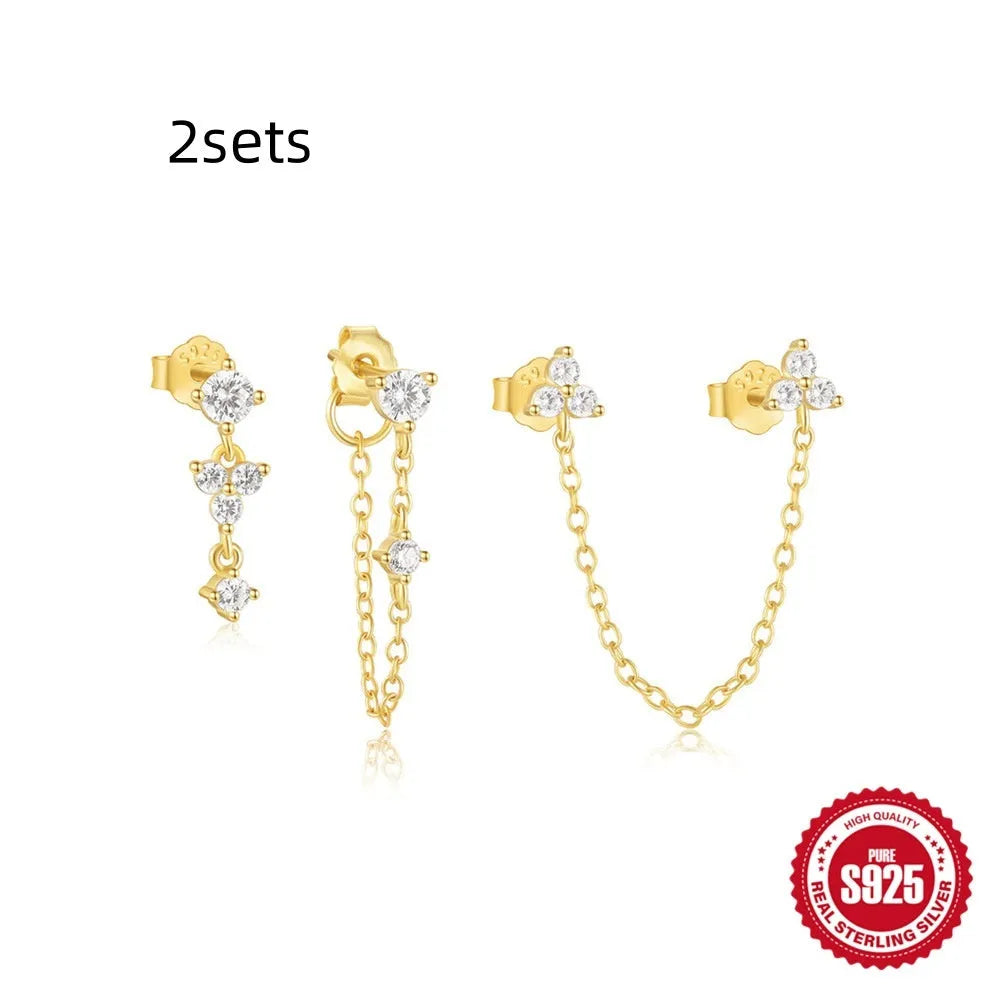 S925 sterling silver geometric zircon earring set with three matching pieces in gold tones
