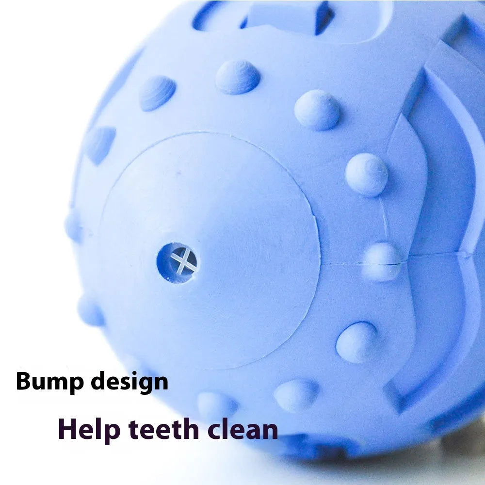 Thick rubber rugby ball dog toy in light green or sapphire blue with vocal sound feature