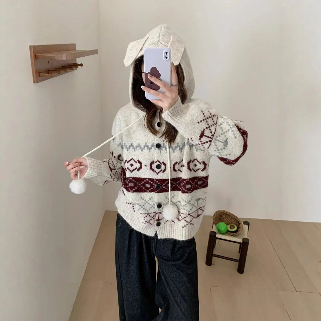 Geometric pattern brocade sweater coat in milky white loose fit plus size women's outerwear
