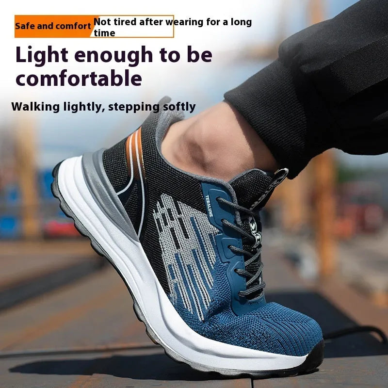 Blue men's safety work shoes with plastic toe cap and mesh upper