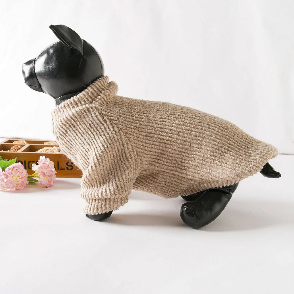 Brown cloth pullover sweater for small breed dogs on mannequin showing casual style