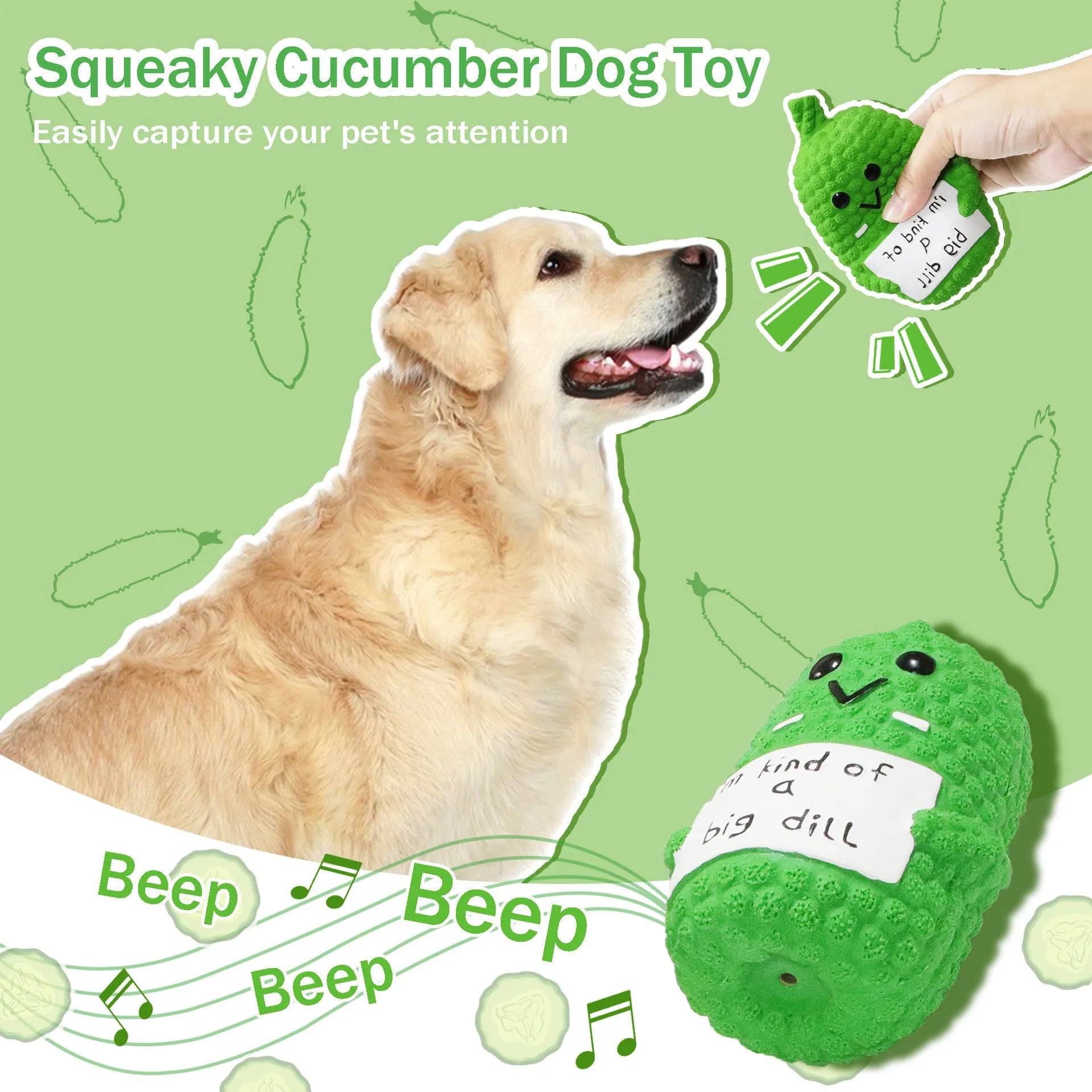 Green pickle-shaped squeaky latex dog chew toy with textured nubs on a white background.