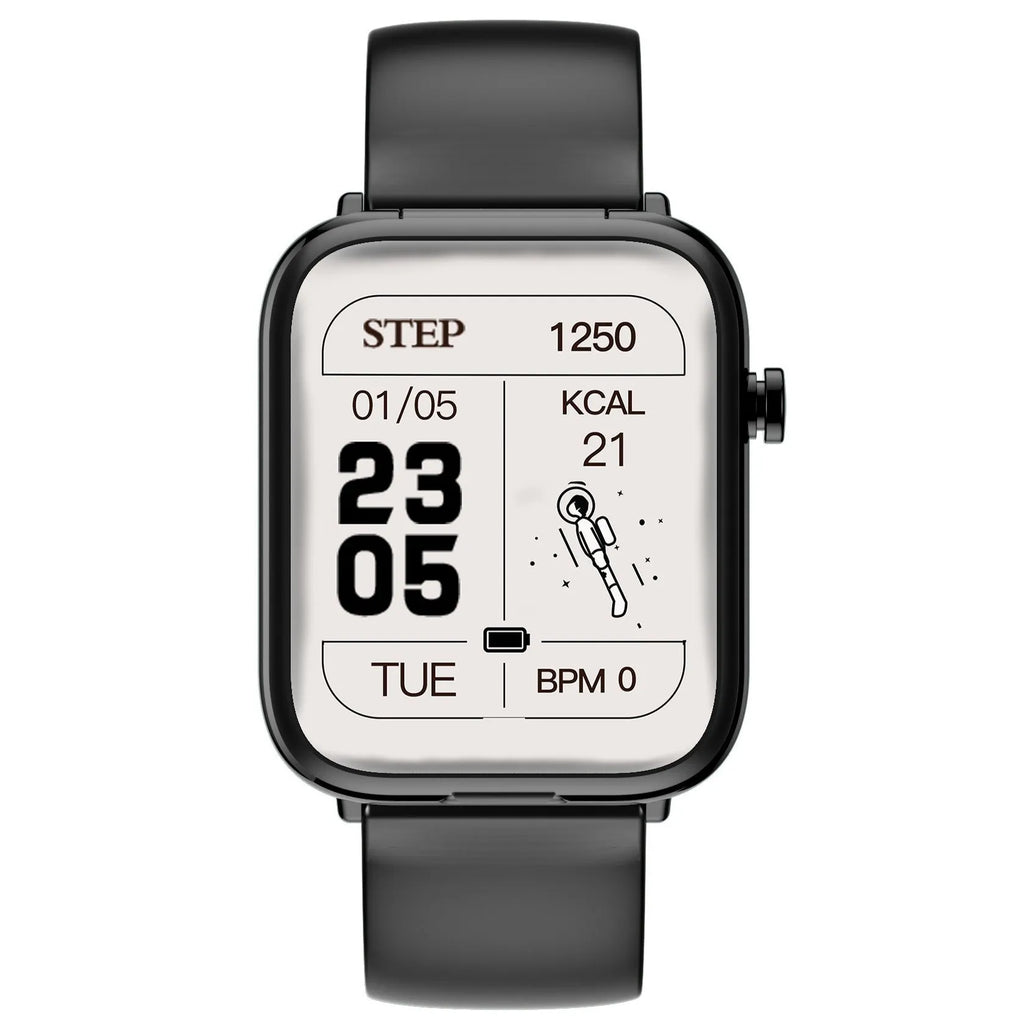 Black smartwatch with touch screen and detachable Bluetooth earbuds in charging case