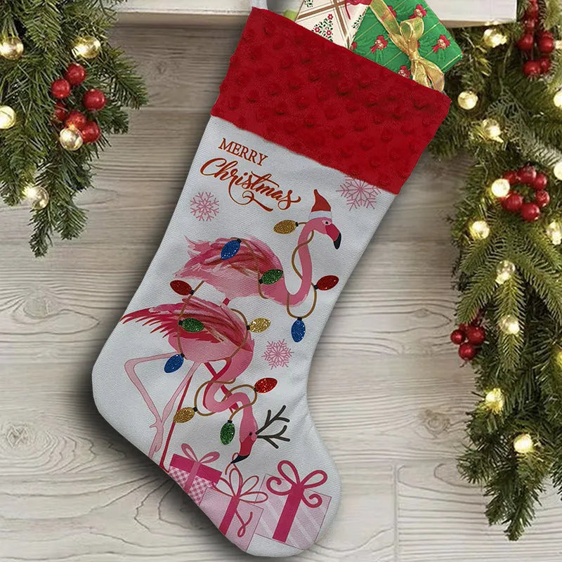 Flamingo pattern Christmas stocking decoration measuring 46 by 28 cm