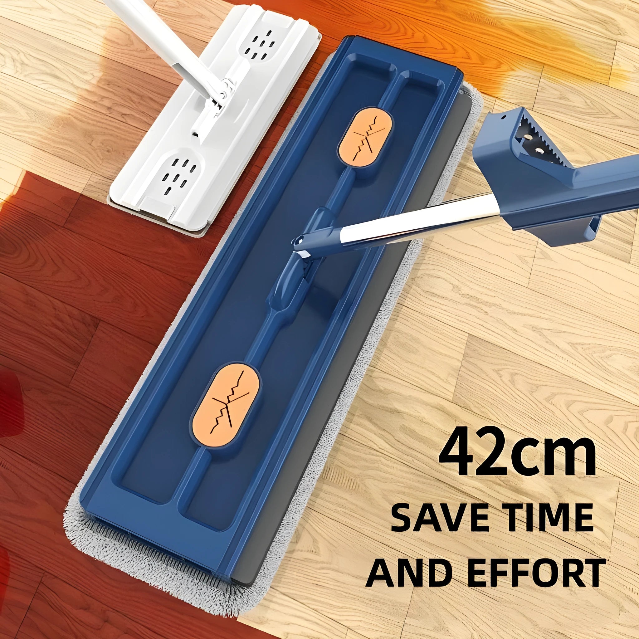 Large flat mop with rotating head and stainless steel handle for floor cleaning