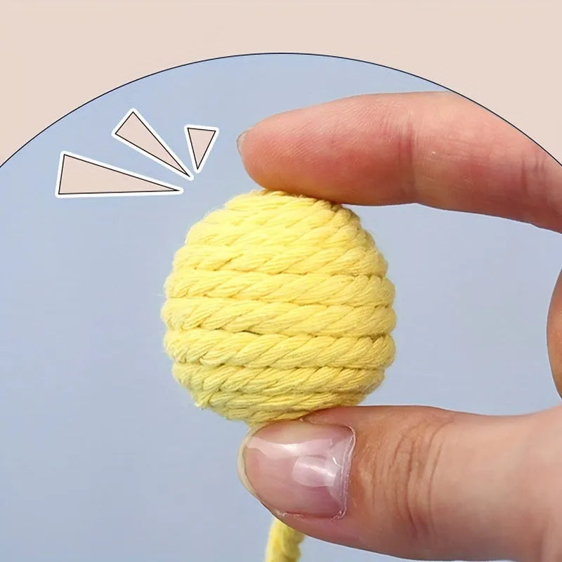Green cat toy ball with a rope handle looped through it, shown next to a smaller pink version.