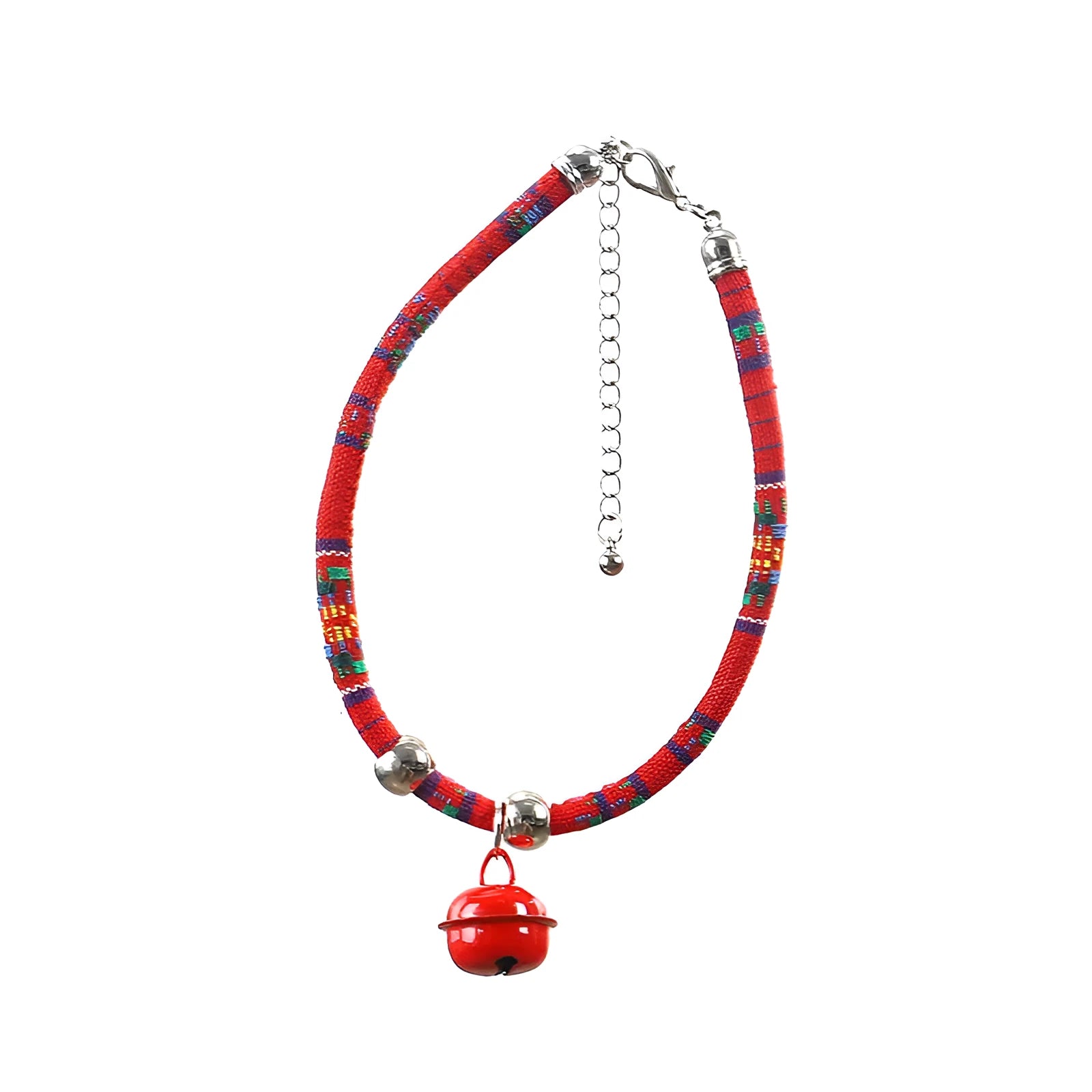 Colourful ethnic style adjustable dog collar with a bell, shown in multiple colour options.