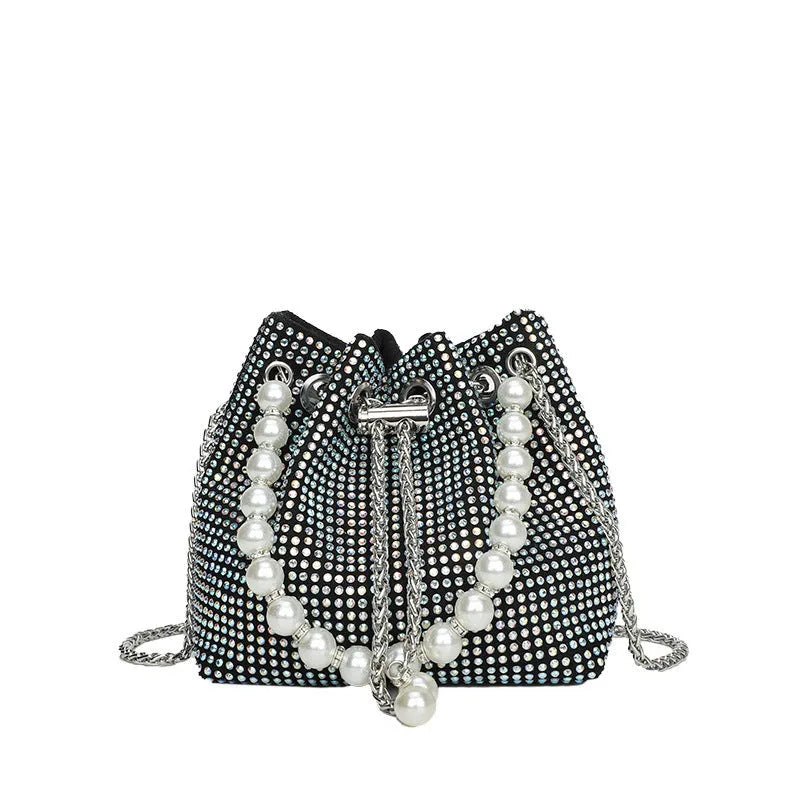 Women's diamond pattern PU leather crossbody shoulder bag with Western chain detailing and bucket shape