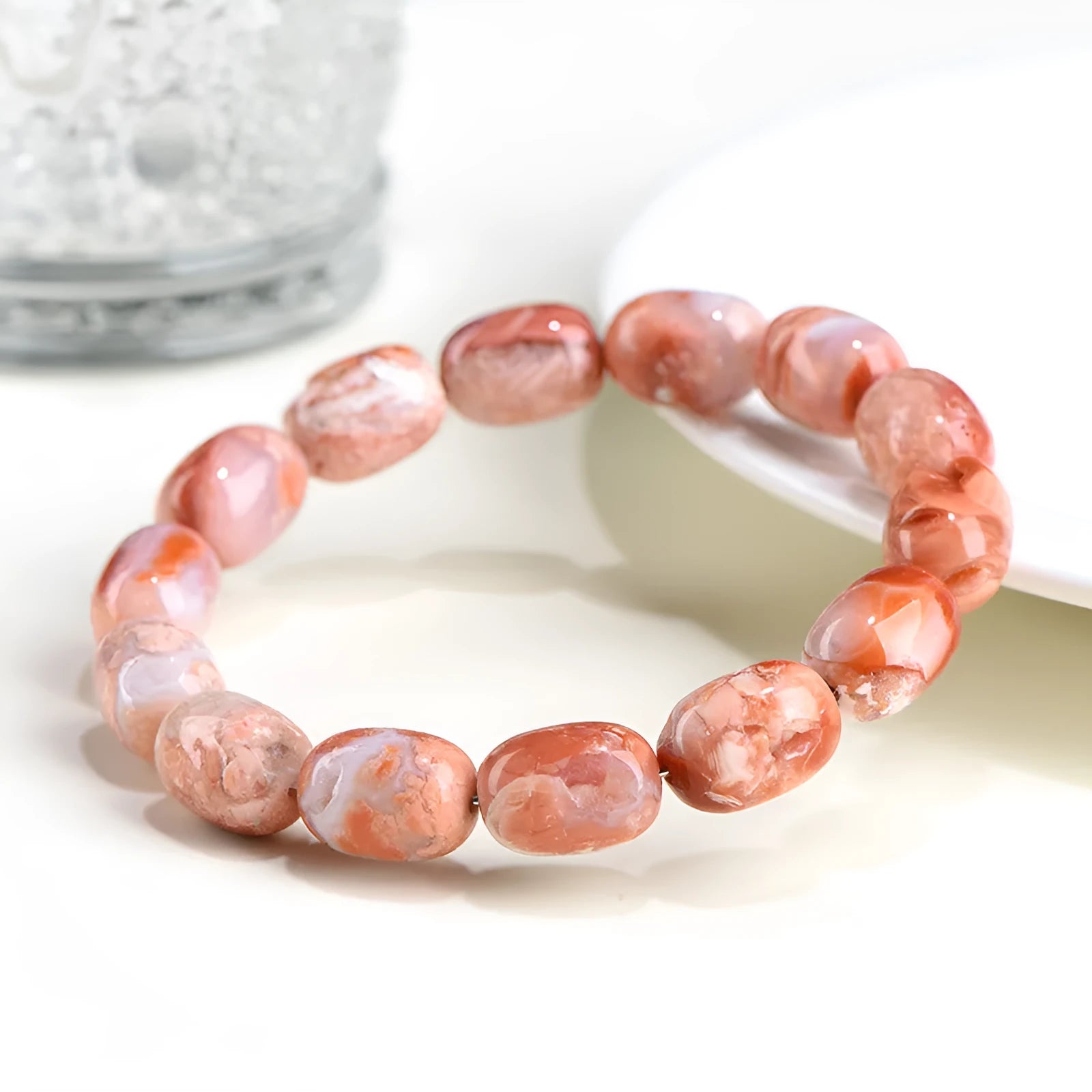Natural cherry agate barrel bead bracelet with 10x14mm geometry beads and ruyi charm