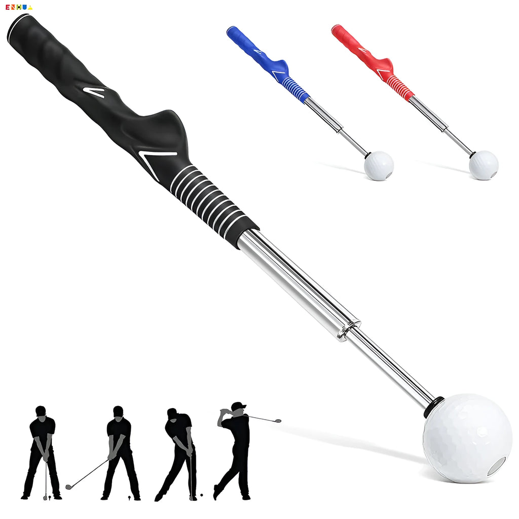 Telescopic golf swing training simulator in stainless steel available in black, blue and red colours