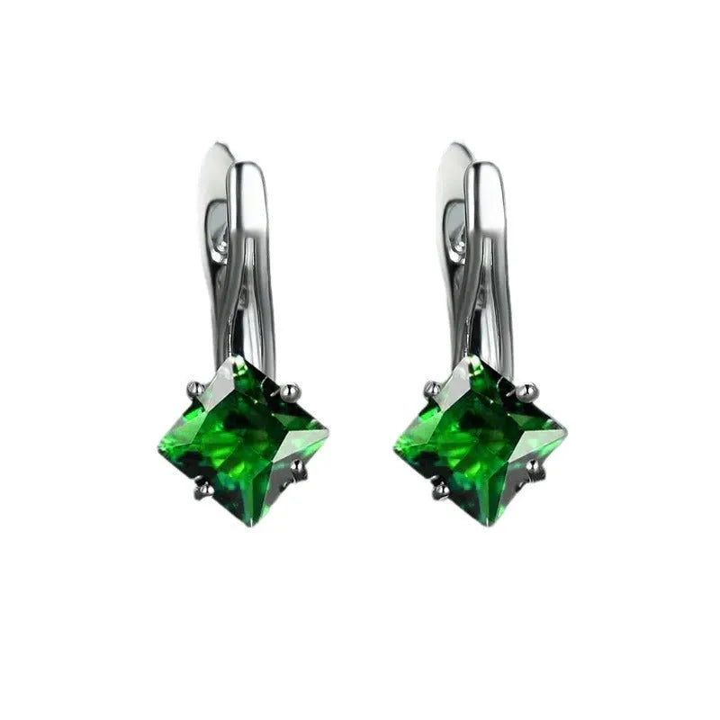Copper diamond-shaped earrings for women with inlaid zircon stones in blue, green, and colour variants.
