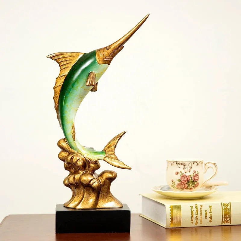 A European-style swordfish sculpture decoration in resin, shown in one of four colour options.