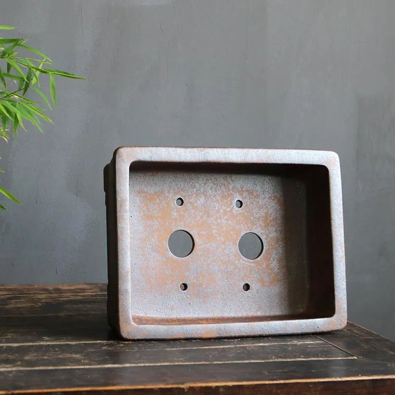 Purple sand rectangular bonsai pot with five-line basin design for pine or cypress trees.