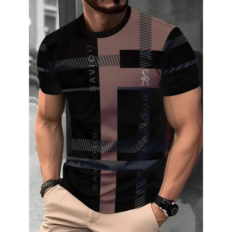 Man wearing a loose fit short-sleeved T-shirt with a digital 3D printed stripe pattern.