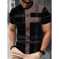 Man wearing a loose fit short-sleeved T-shirt with a digital 3D printed stripe pattern.