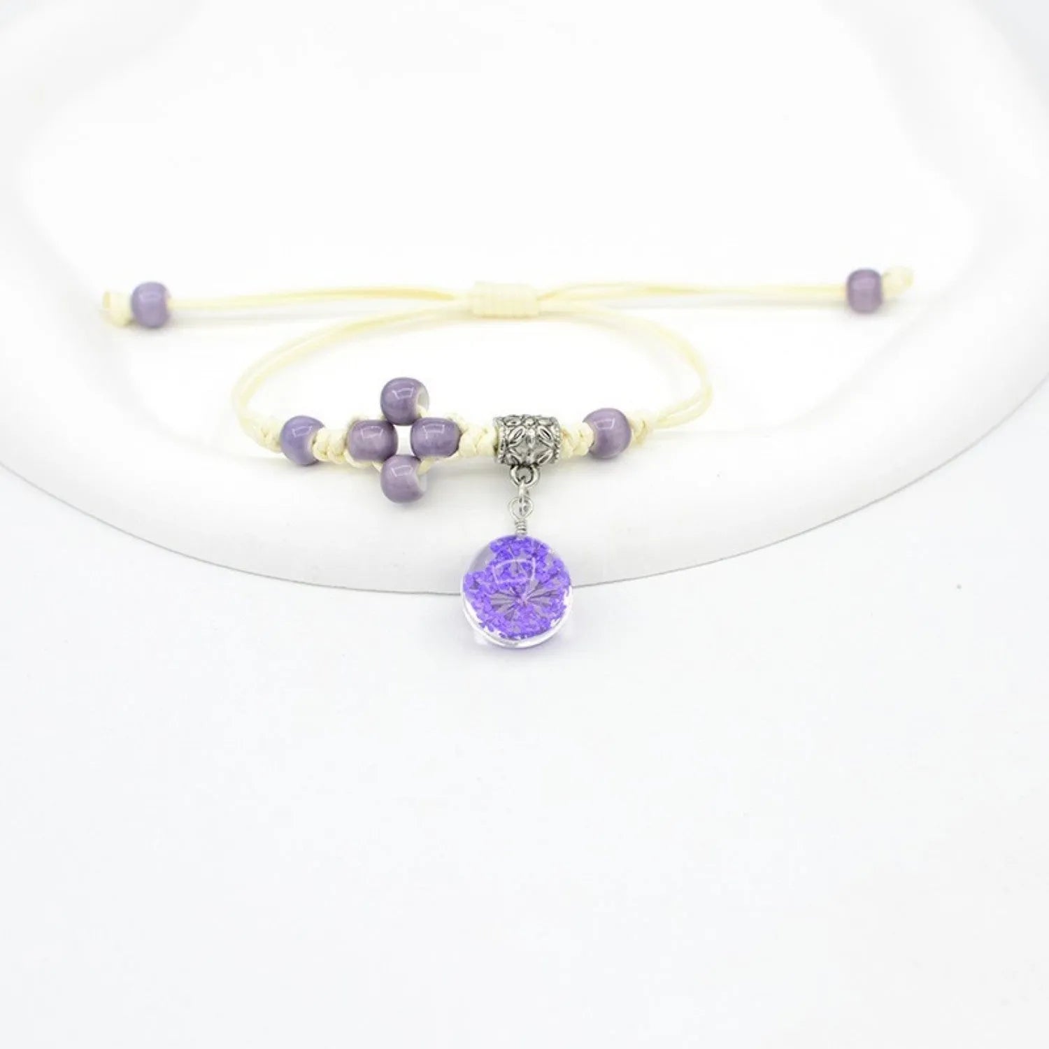 Glass dried flower bracelet with hand-woven lace and 1.4cm beads in multiple colour options