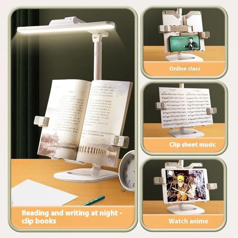Adjustable desk lamp with integrated bookshelf showing three colour temperature settings and USB charging port
