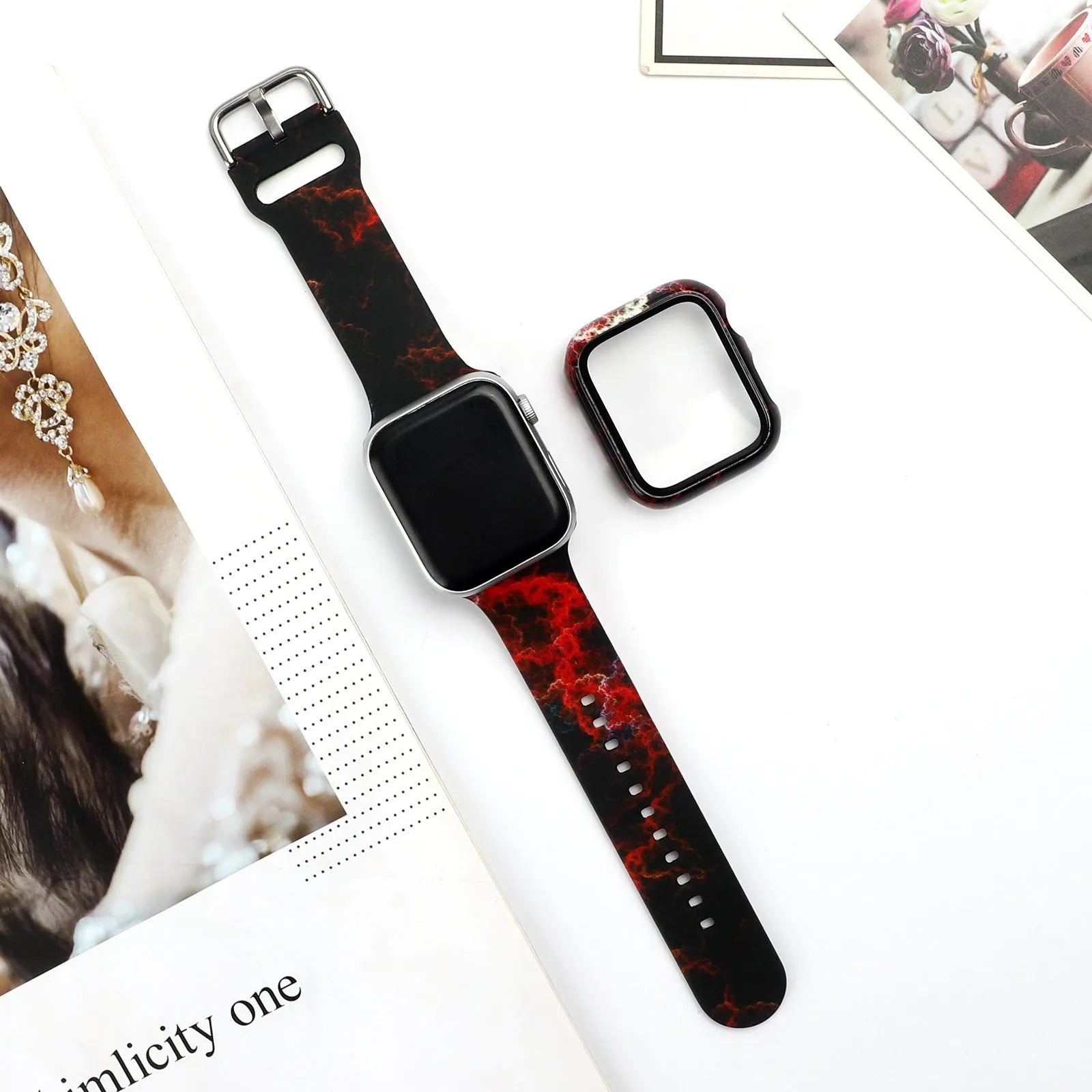 Printed fashion silicone replacement strap for Apple Watch showing multiple design options and 38mm 40mm 42mm 44mm size compatibility.