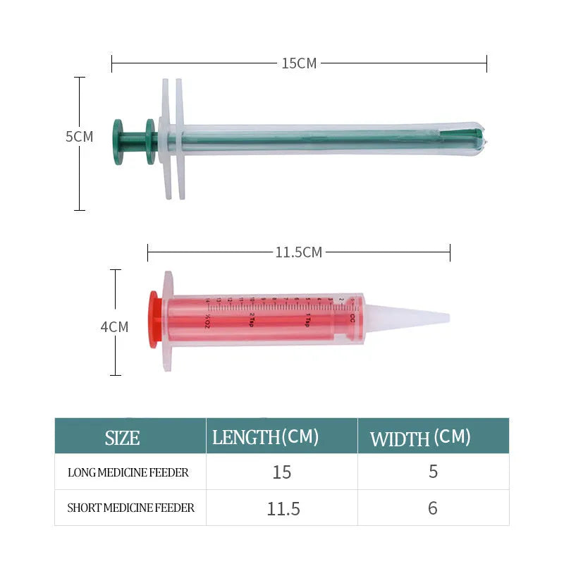 Two silicone pet pill shooter syringes with soft tips on a white background