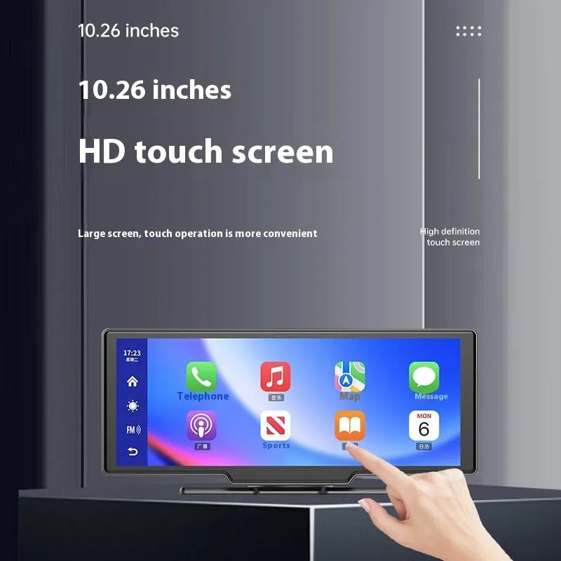 10-inch car smart screen touch display showing Apple CarPlay interface and driving recorder footage