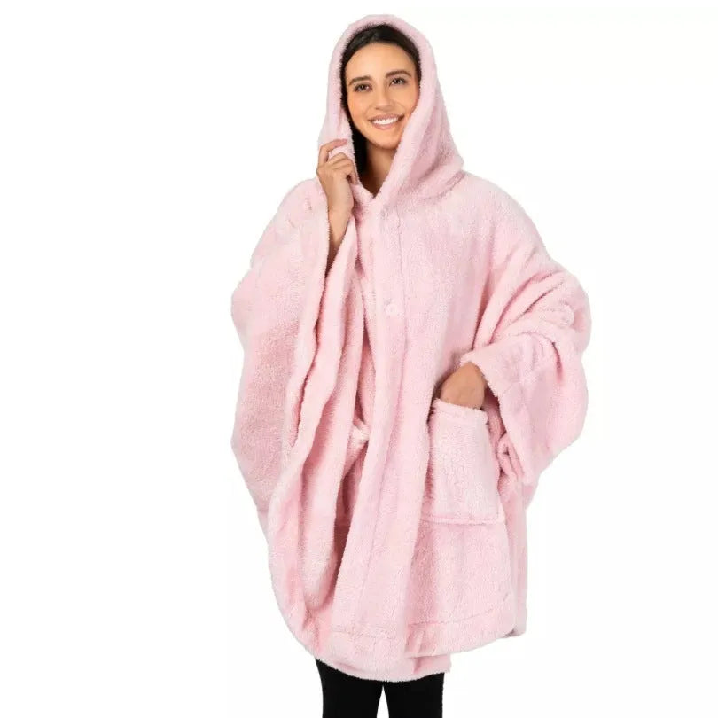 A thick, hooded polyester bathrobe in a cardigan style with long sleeves, shown in a solid colour.