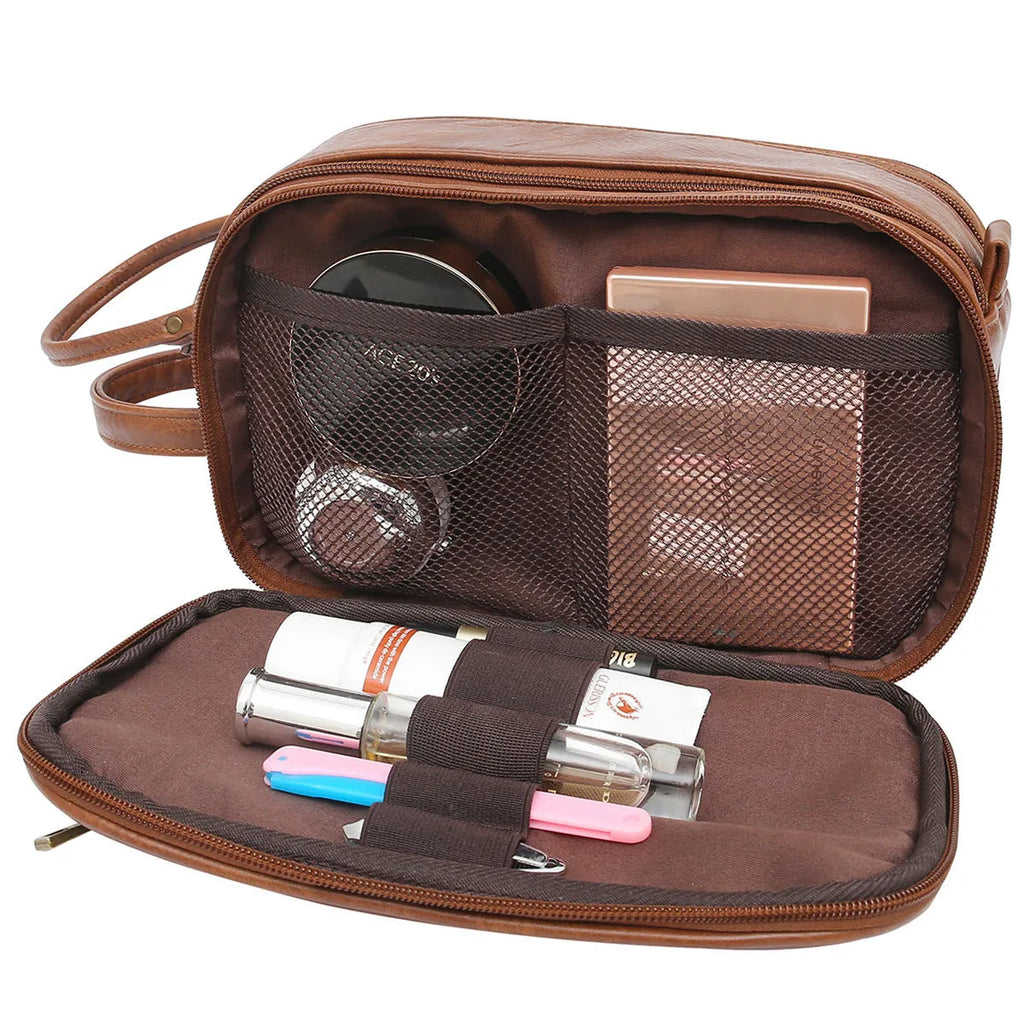 Men's black PU leather toiletry bag for travel storage of grooming essentials