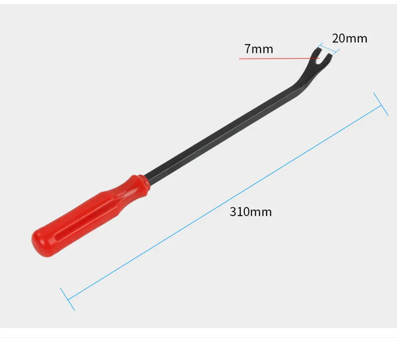 Red-handled automotive clip driver tool for GM door panel repairs with light switch pliers