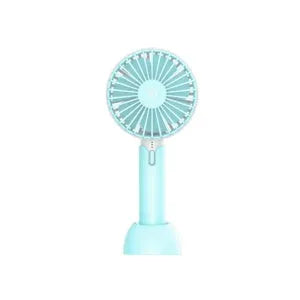 Blue portable USB handheld desktop fan with three-speed control and figure-8 oscillation