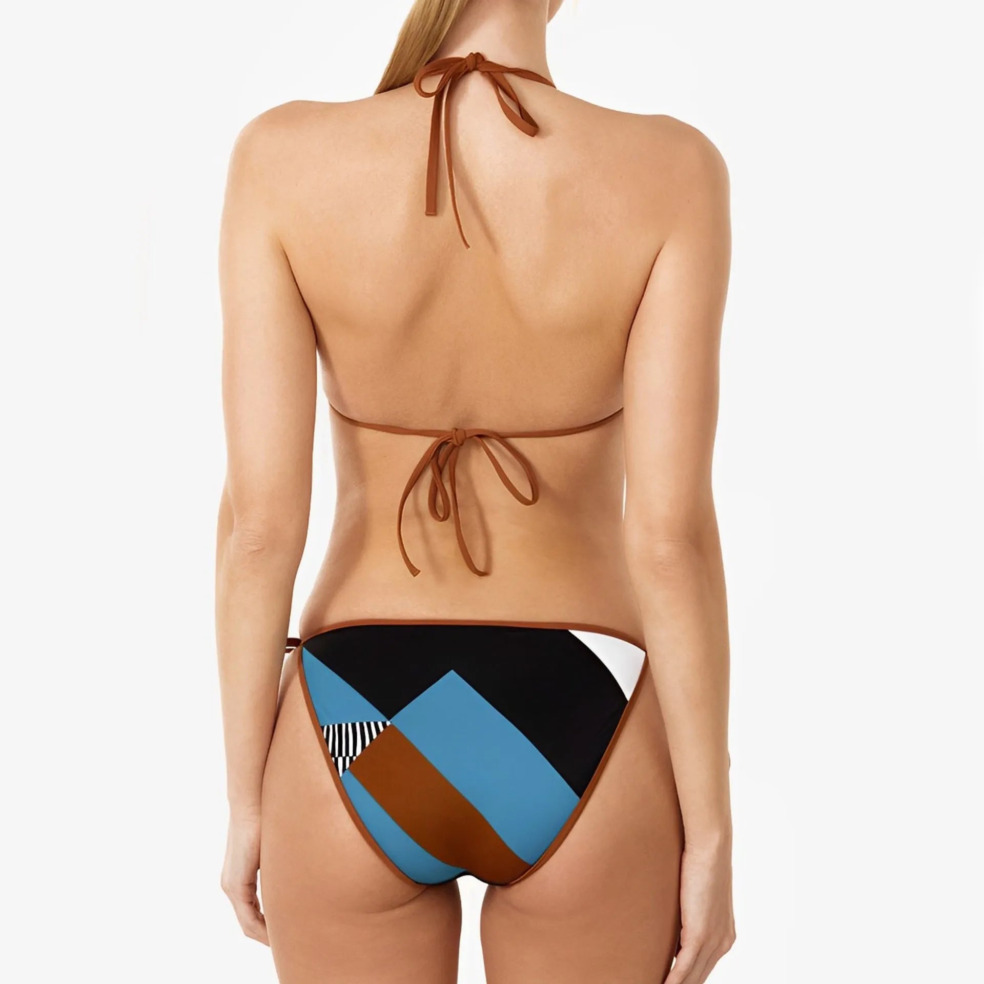 Women's skinny print split swimsuit bikini set in a picture colour, showing backless design