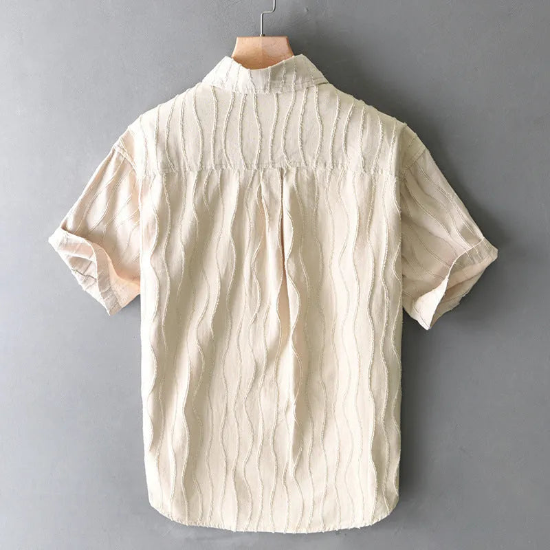 Men's apricot cotton short sleeve casual shirt with loose fit Japanese styling