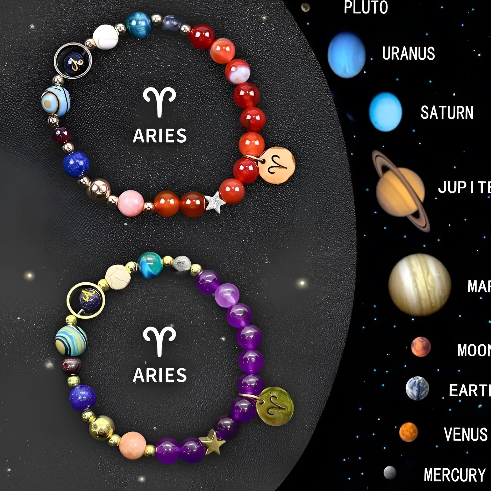 Set of two natural stone beaded bracelets featuring zodiac sign designs on an adjustable band.