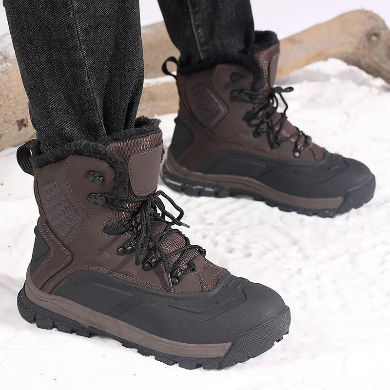 Men's black high-top lace-up boots with fleece lining, shown on a size 45 foot.