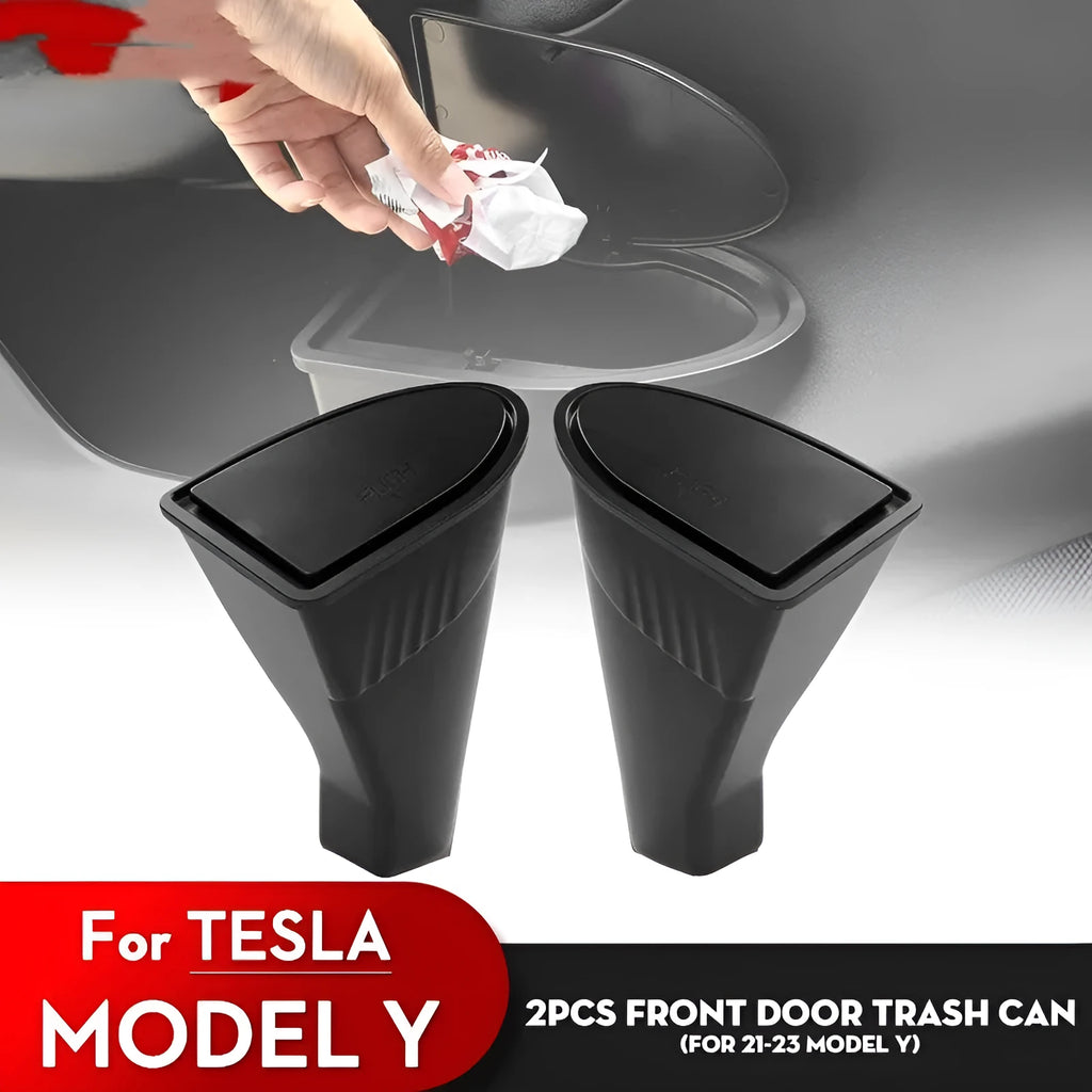 Two black ABS plastic car door storage bins designed for Tesla Model Y front compartments.