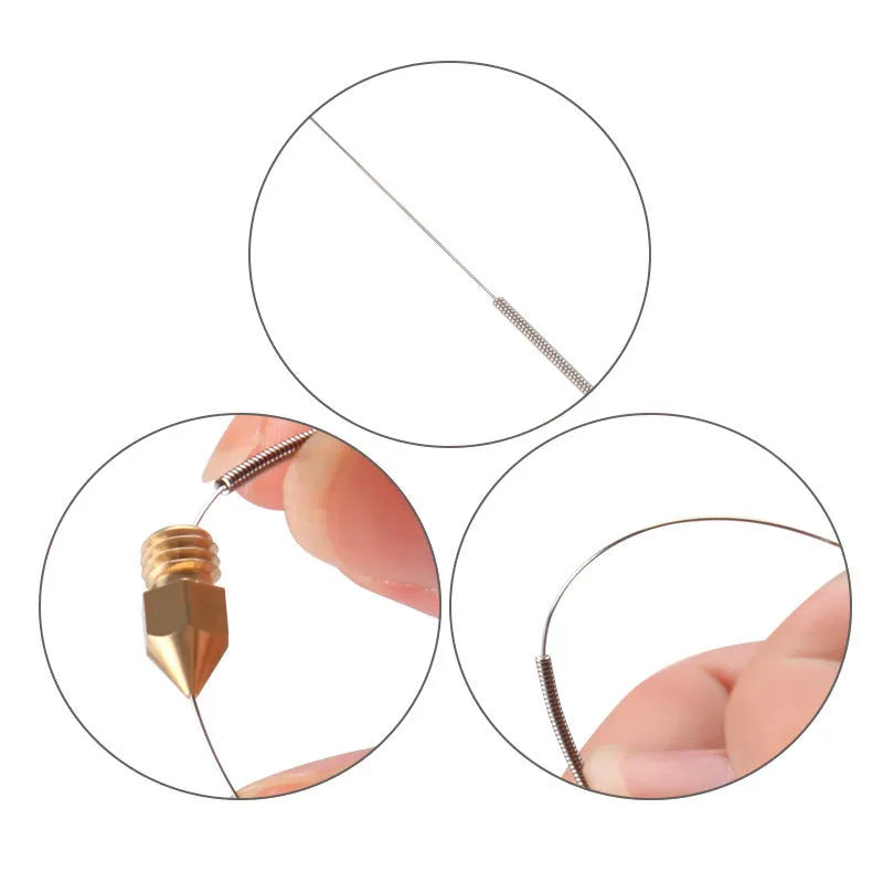 Ten E3D Mk8 compatible nozzle cleaning needles for 3D printers, shown with diameter size options.