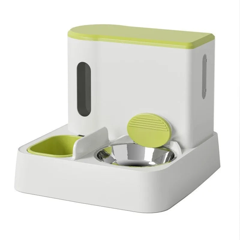 Cat automatic feeder water dispenser with integrated double bowl system in grey, yellow or green