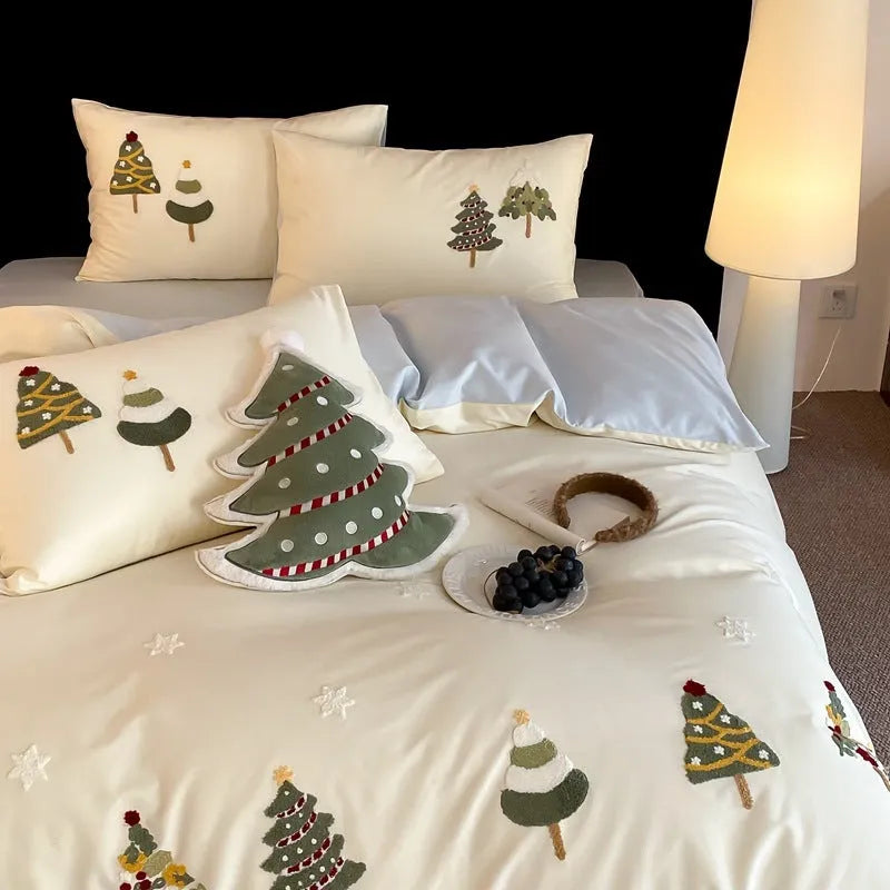 Christmas tree towel embroidery on pure cotton bedding set with botanical patterns