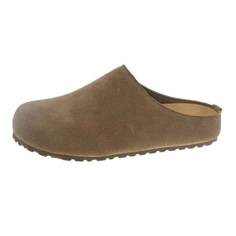 Korean-style flat slippers in apricot colour with microfiber upper and PU sole