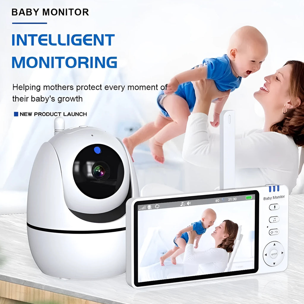 White wireless baby monitor with 5-inch screen showing baby room temperature display