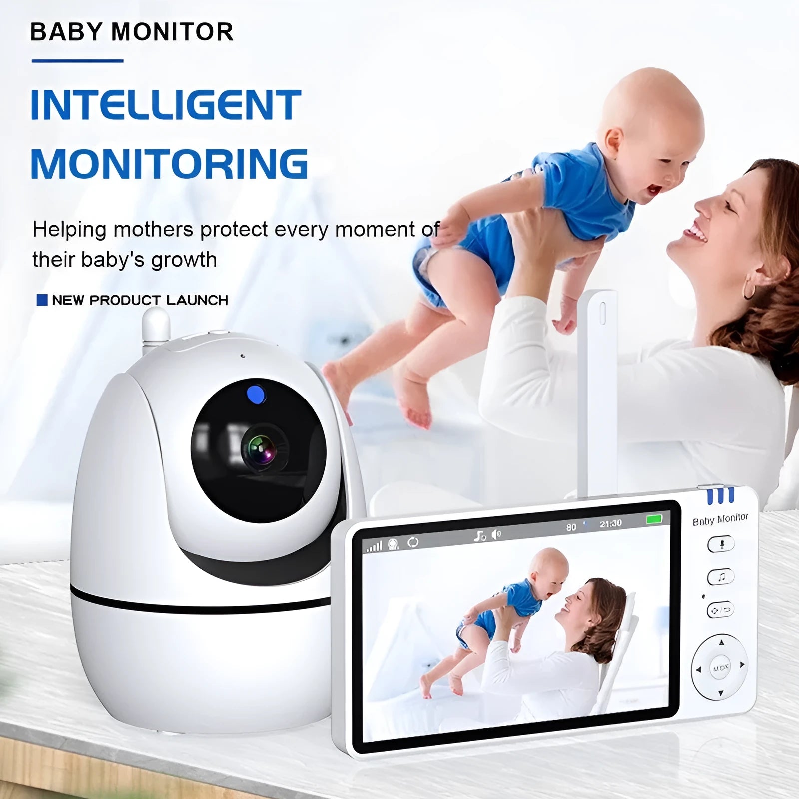 White wireless baby monitor with 5-inch screen showing baby room temperature display