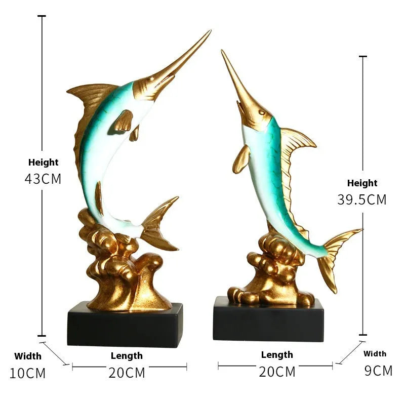 A European-style swordfish sculpture decoration in resin, shown in one of four colour options.
